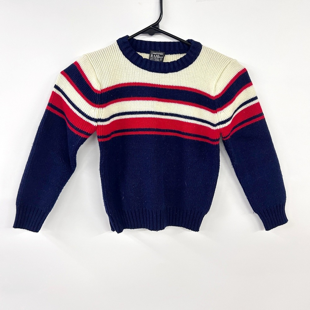 Vintage Christopher Rand Striped Crewneck Sweater Kids 6 Navy Blue Retro Preppy